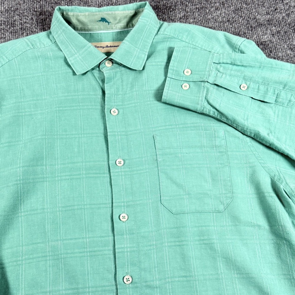 Tommy Bahama Shirt Mens Large Button Up Linen Blend Roll Tab Sleeves Casual